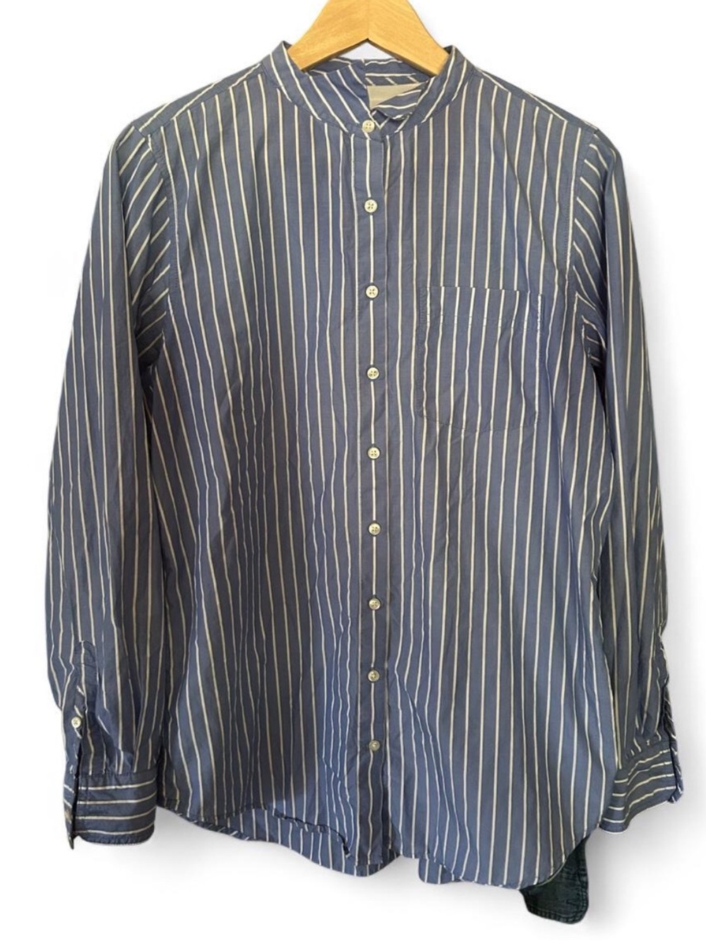 GAP Blue and White Striped Mandarin-Collar Button-Down Shirt